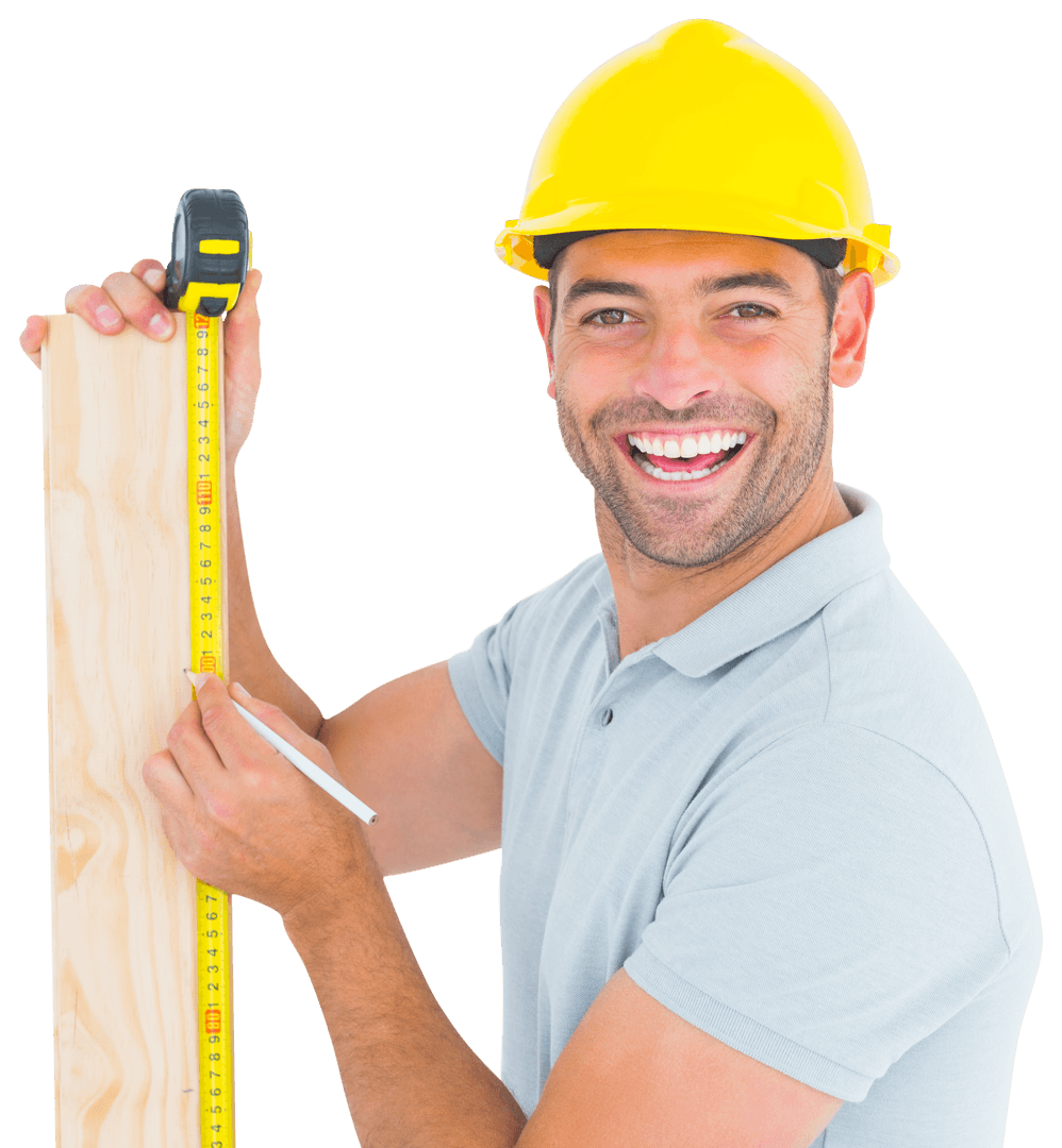 Smiling Construction Worker Measuring Wooden Plank with Tape on Transparent Background
