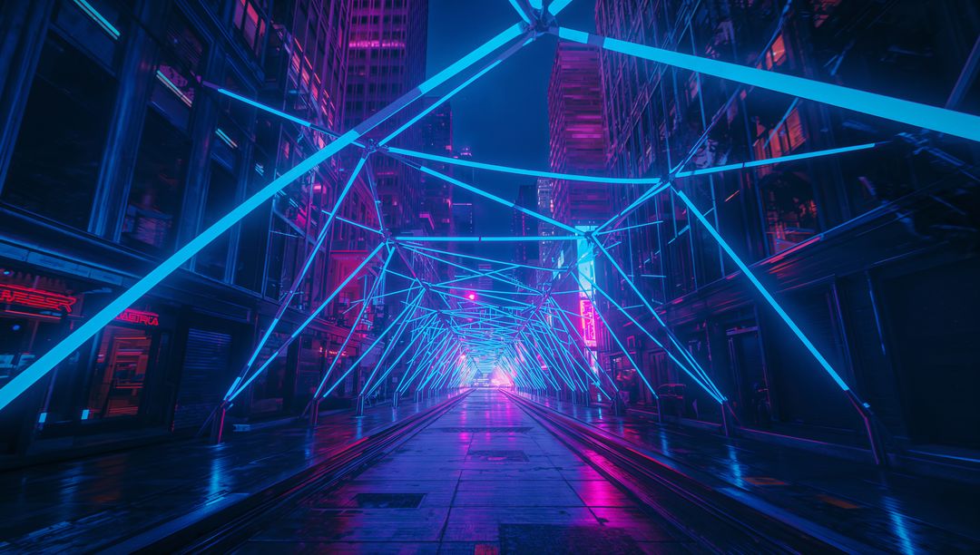 Futuristic Neon Tunnel with Triangular Beams and Reflections