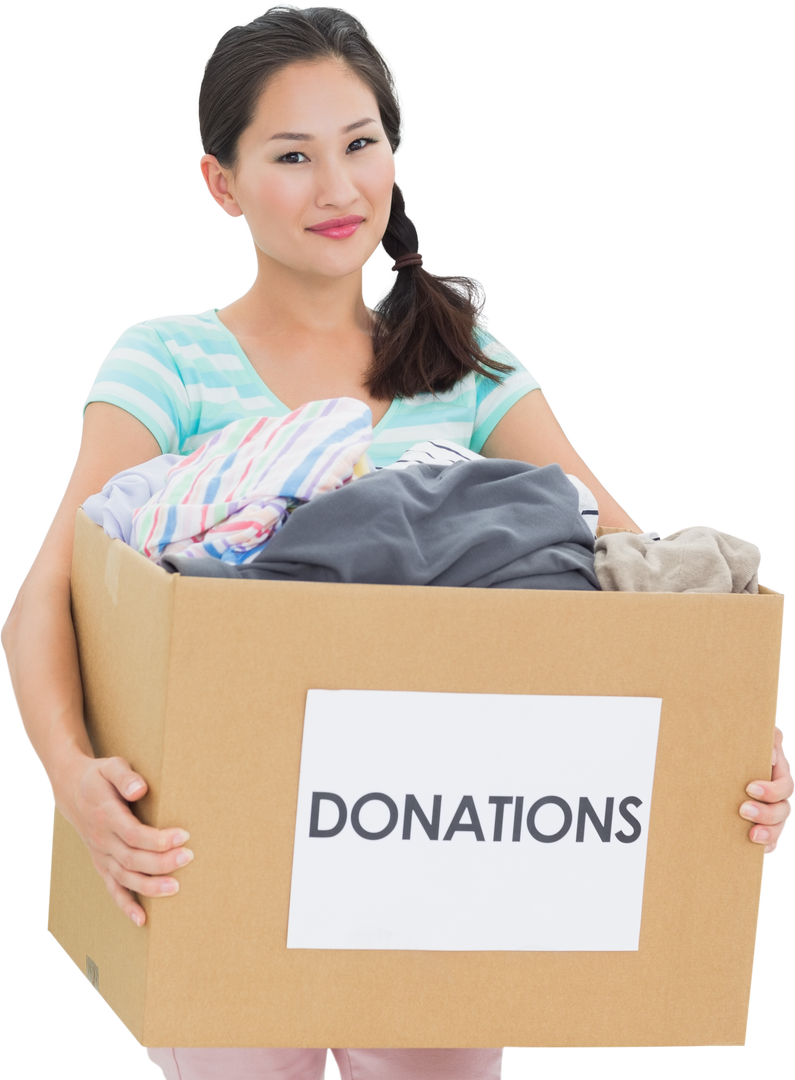 Young Woman Holding Box of Clothes for Donation, Transparent Background - Download Free Stock Images Pikwizard.com