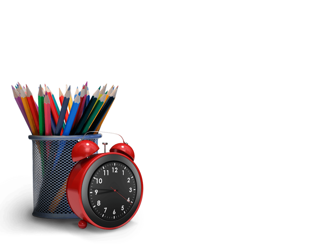 Colorful Crayons with Alarm Clock on Transparent Background