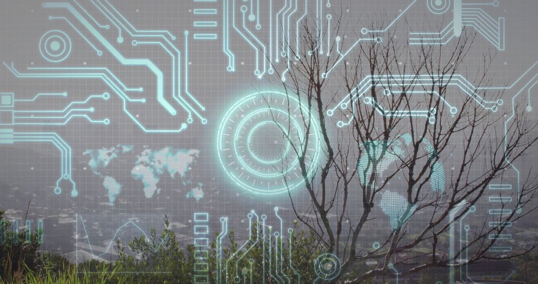 Leafless Tree with Futuristic HUD in Urban Landscape