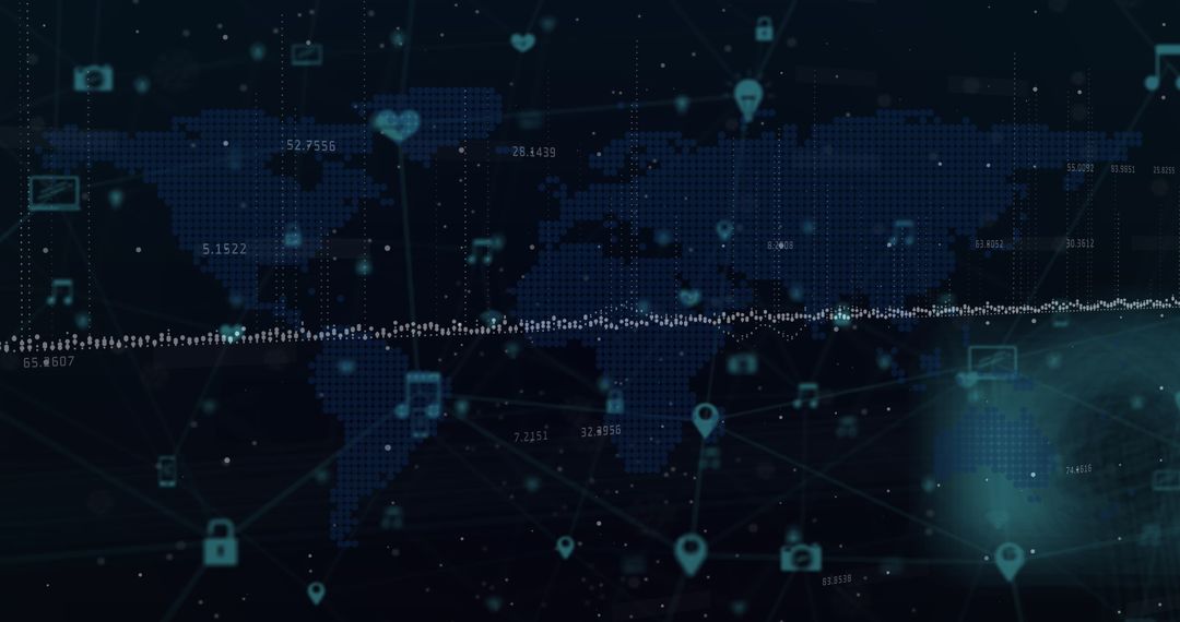 Futuristic Digital World Map with Technology Icons Overlay