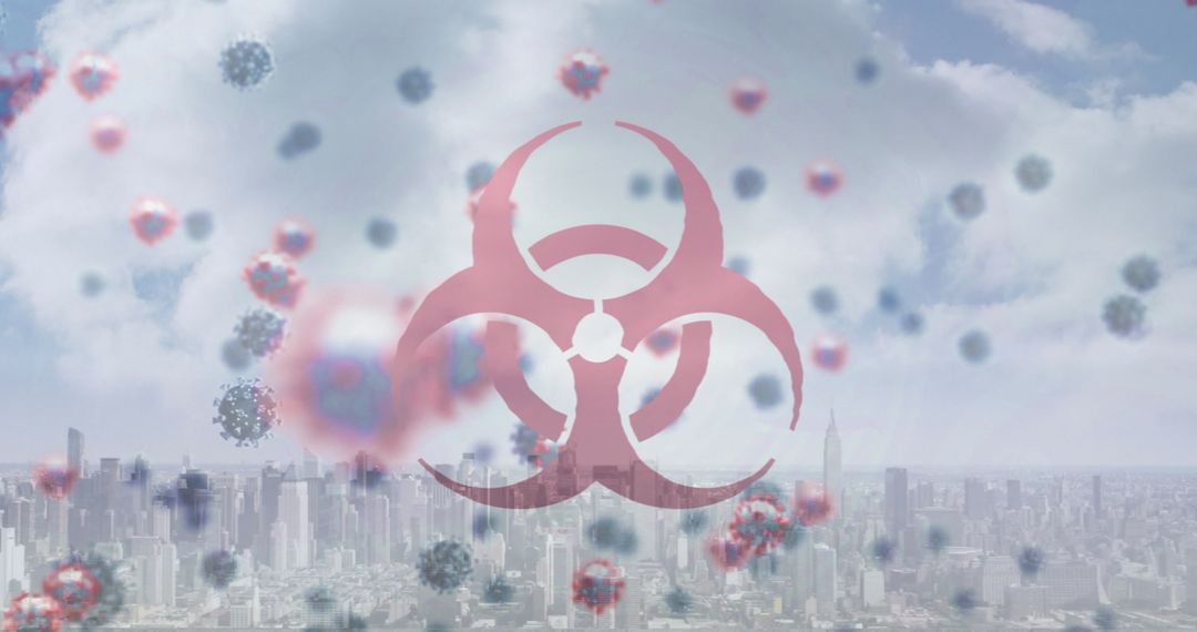 Biohazard Symbol Over Cityscape with Virus Particles Floating