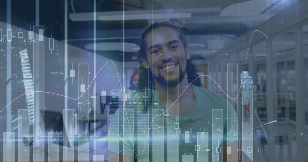 Smiling Entrepreneur Immersed in Digital Financial Data Overlay