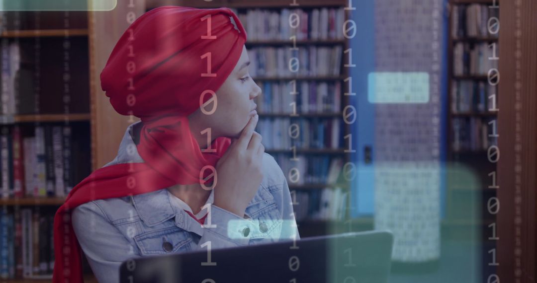 Contemplative Student in Library with AI Data Overlay