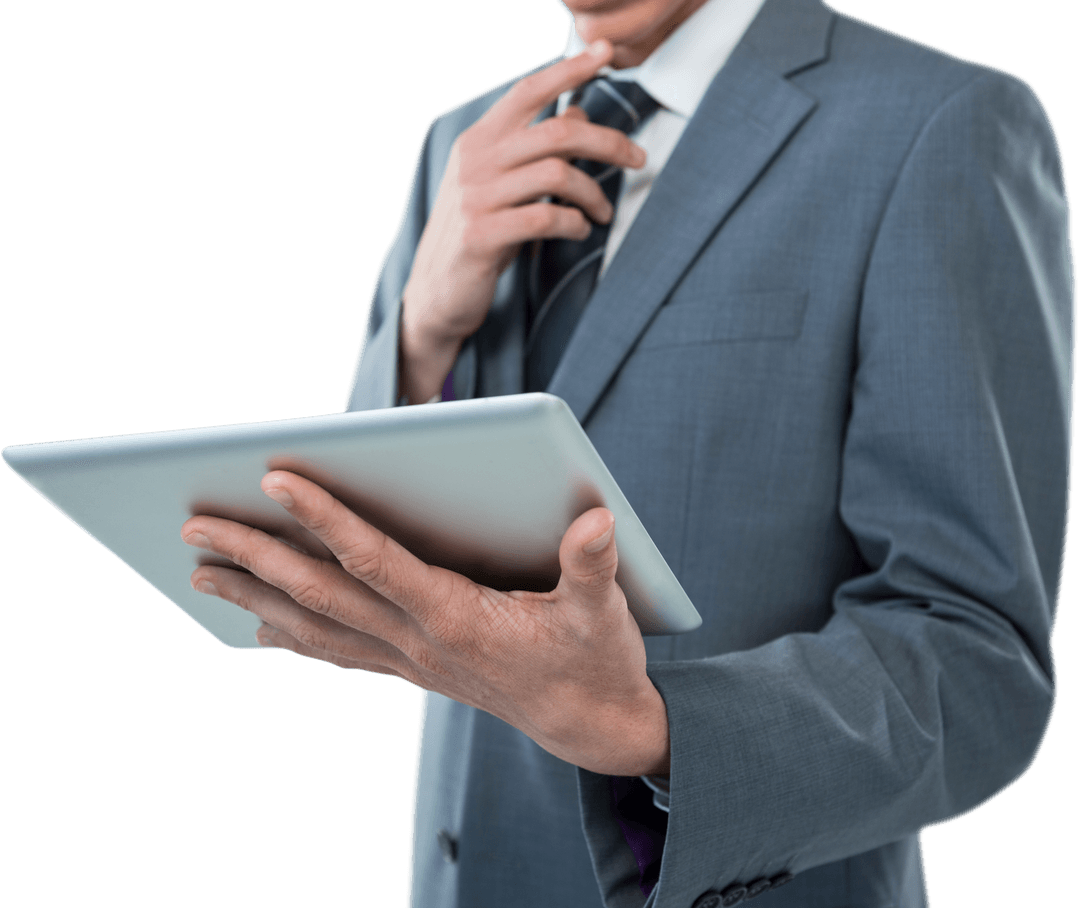 Business Professional Examining Tablet with Transparent Background