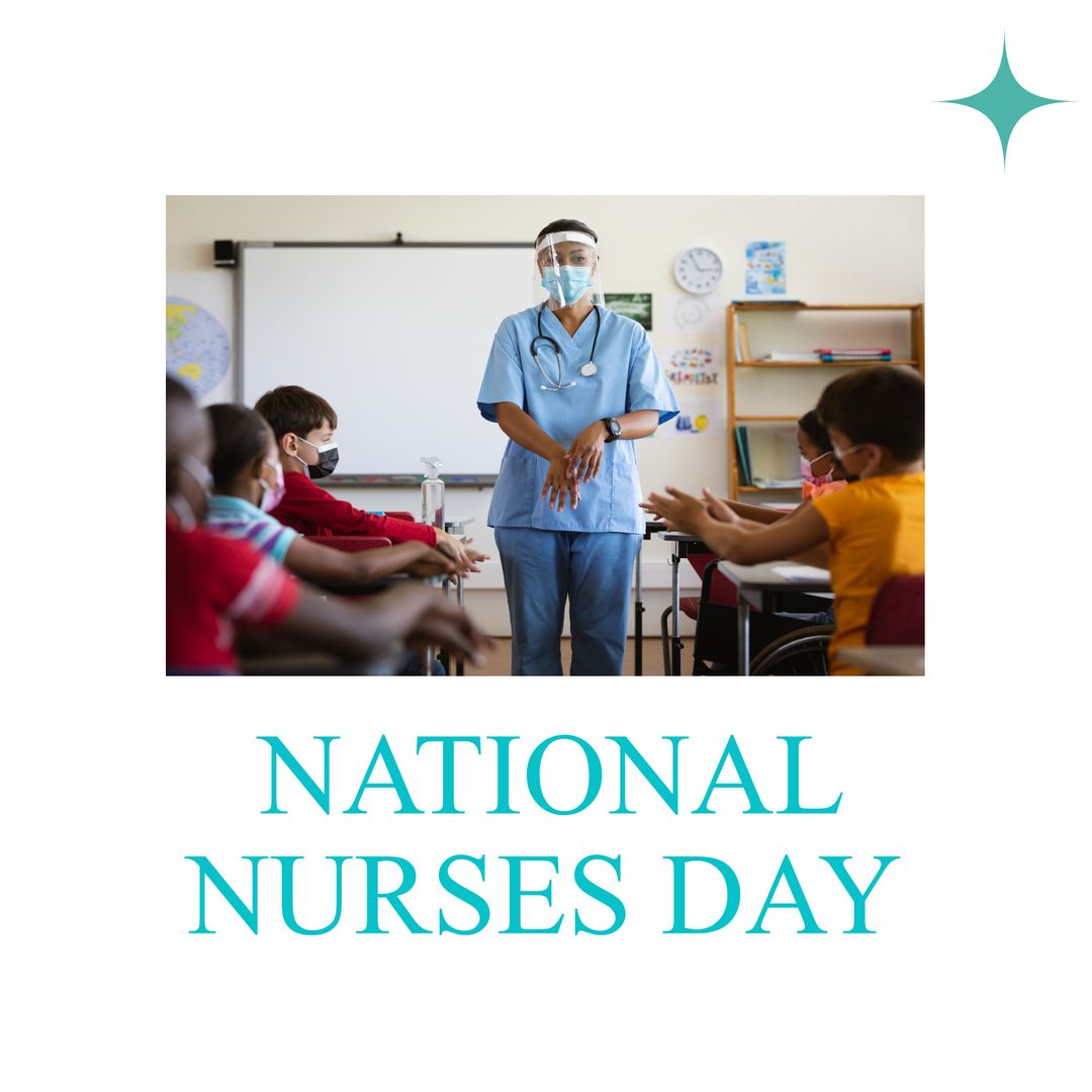 Nurse Demonstrating Health Protocols to Children in Classroom