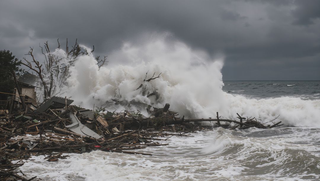 Powerful Storm Waves Crashing Debris on Coastline