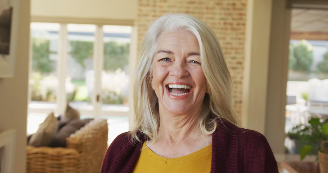 Image of senior happy smiling caucasian woman inside of house - Free Images, Stock Photos and Pictures on Pikwizard.com