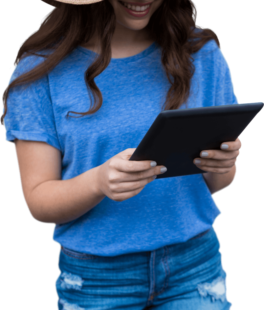 Smiling Woman Using Tablet Transparent PNG