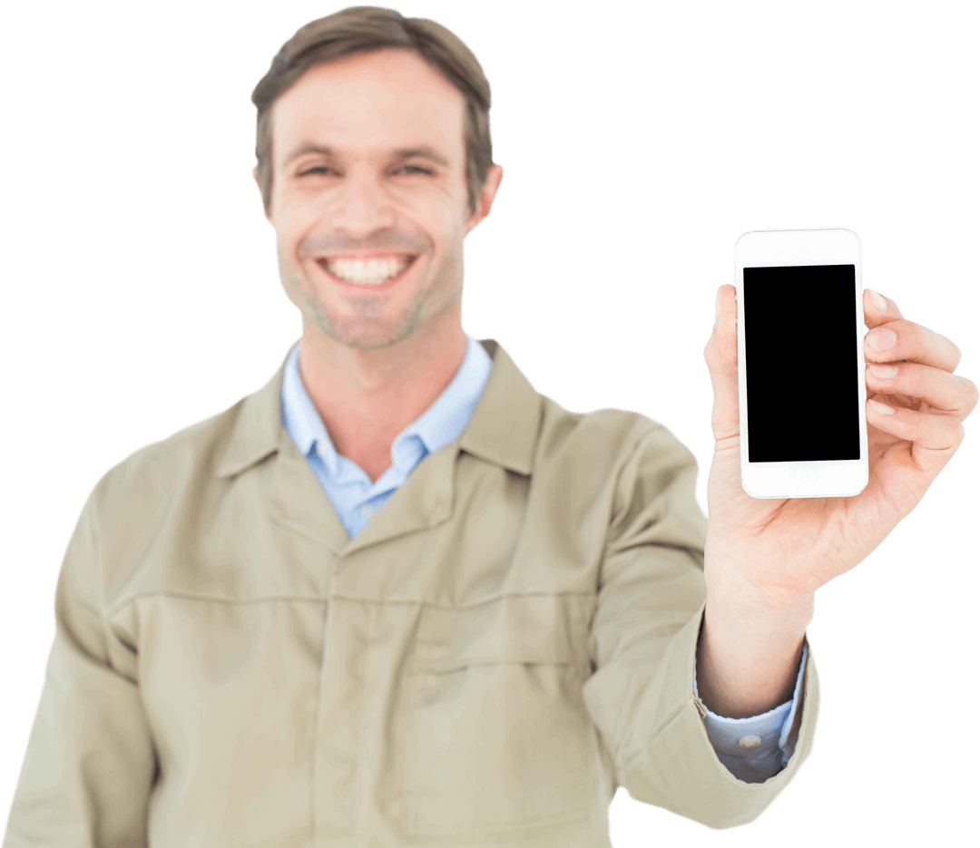 Transparent Smiling Delivery Man Displaying Smartphone