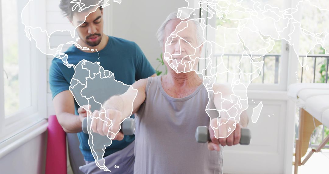 Senior Performing Dumbbell Rehabilitation with Personal Trainer in Sunlit Home Clinic