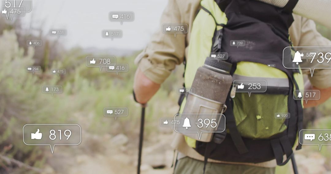Hiker on Trail with Social Media Interaction Icons Concept
