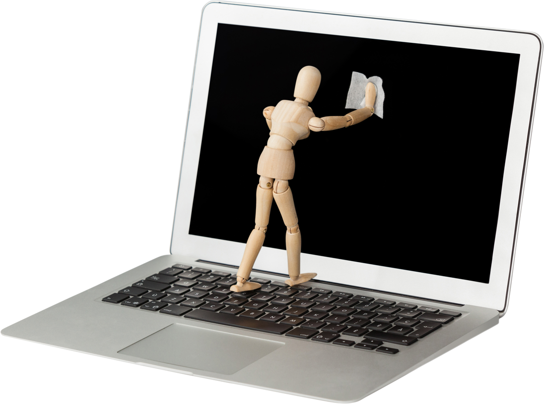 Wooden Articulated Figurine Cleaning Transparent Laptop Screen with Cloth - Download Free Stock Images Pikwizard.com