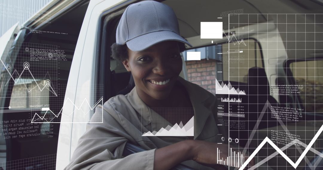 Financial Data Overlays with Smiling Warehouse Worker