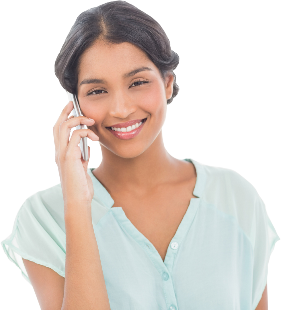 Transparent smiling woman talking on the phone relaxed - Download Free Stock Images Pikwizard.com