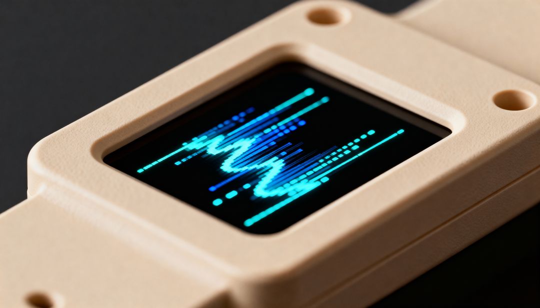 Beige electronics enclosure displaying cyan waveform on recessed OLED screen for testing