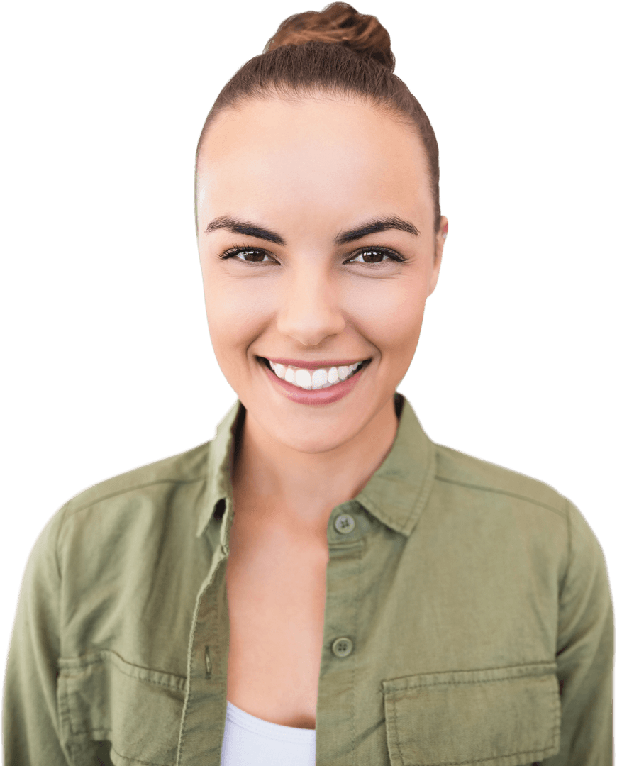 Transparent Portrait of Smiling Young Woman in Olive Green Outfit