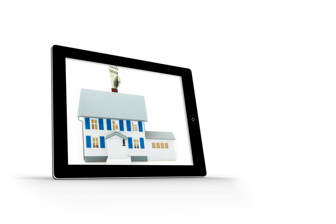 Transparent Tablet Displaying House with Price Tag Symbol