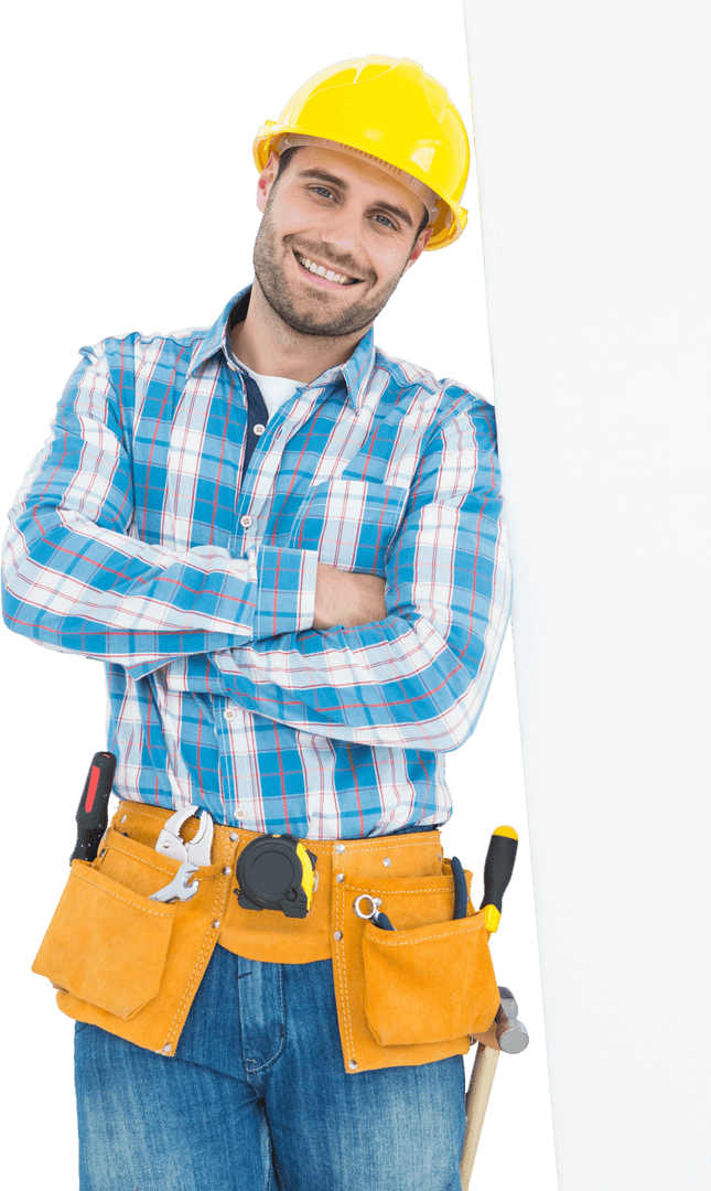Smiling Construction Worker Wearing Yellow Hard Hat Transparent Background