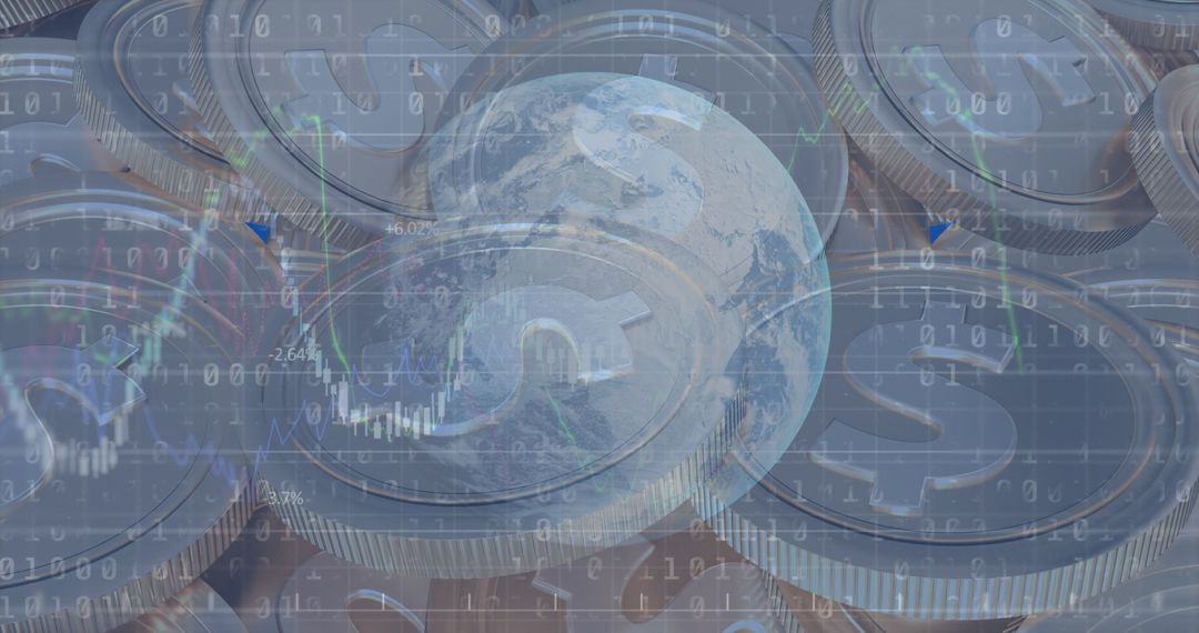 Global Finance Concept with Dollar Coins and Binary Code Overlay