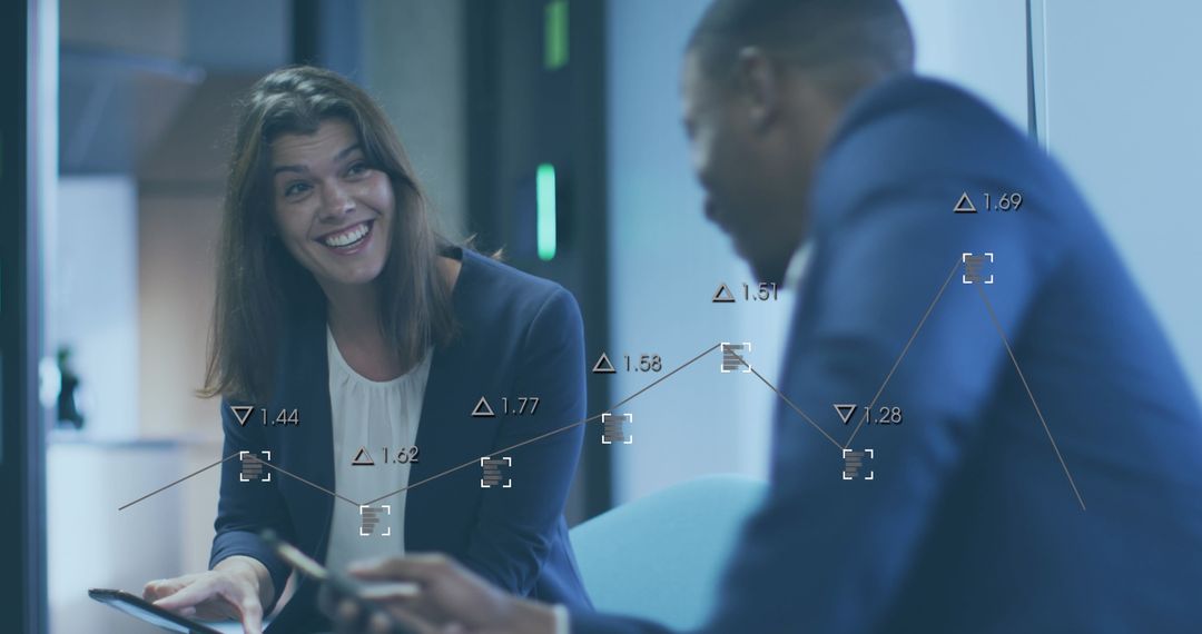 Professional Business Meeting with Data Analysis Overlay