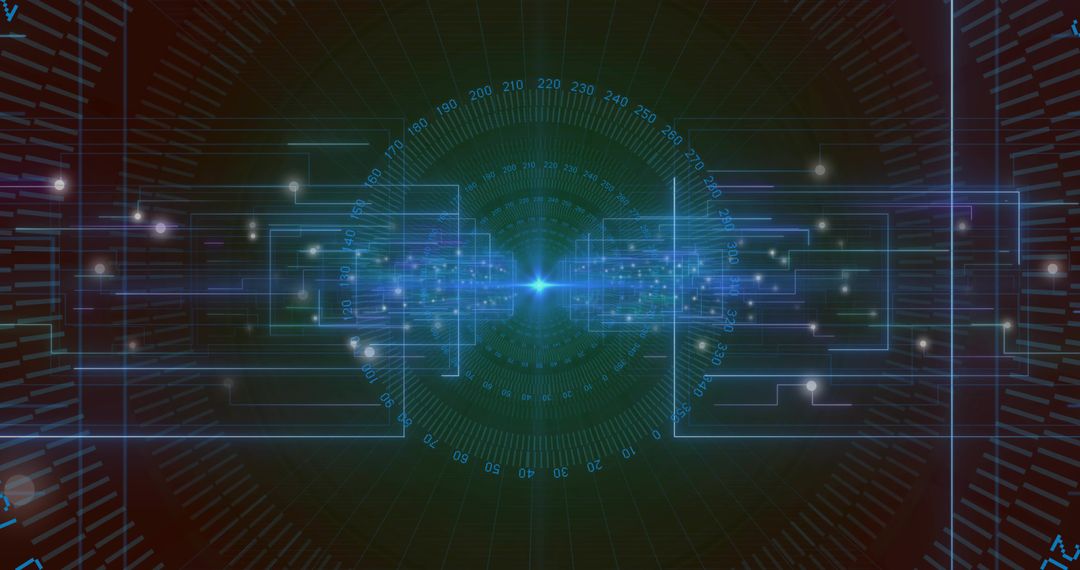 Pulsing Holographic Data Hub Emitting Neon Traces and Concentric HUD Gauge, Digital Interface