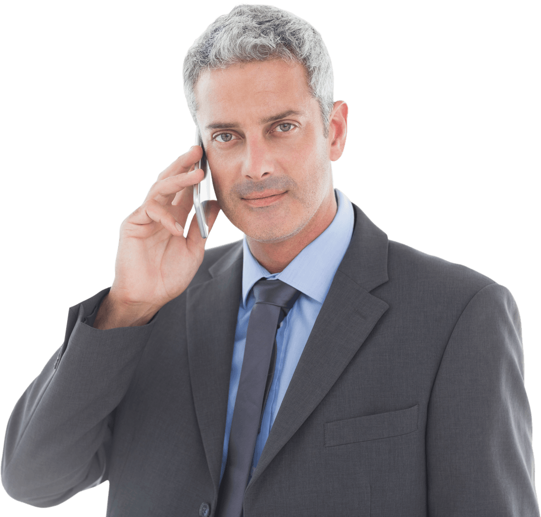 Mature Businessman in Suit on Transparent Background with Phone