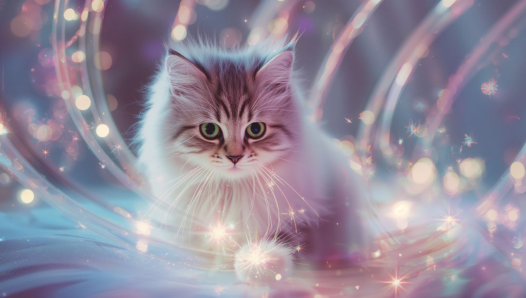 Enchanting Silver Gray Cat Surrounded by Magic Light Trails