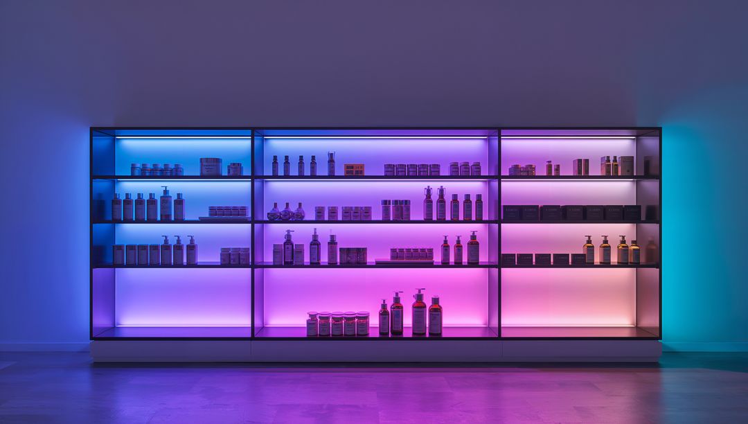 Minimalist Cosmetic Display Shelves with Gradient LED Backlight for Modern Retail