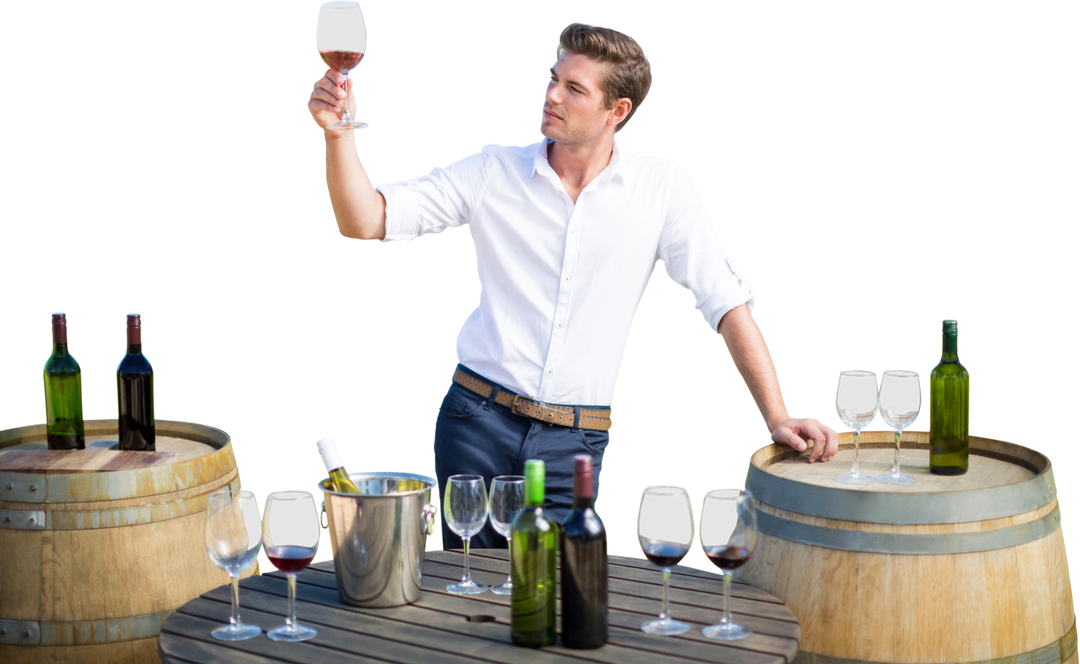 Young Man Holding Red Wine Glass Surrounded By Barrels And Wine Bottles, Transparent Background - Download Free Stock Images Pikwizard.com