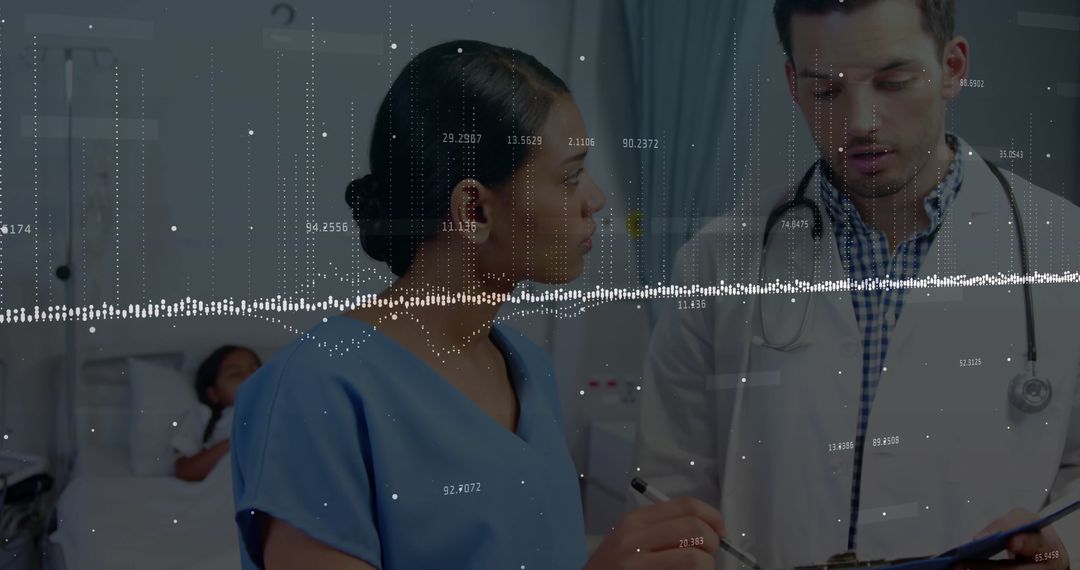 Nurse Listening to Doctor in Hospital Ward with Digital Waveform Overlay
