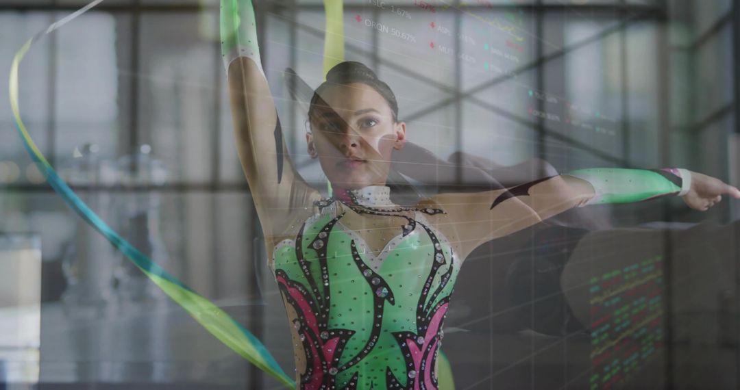 Determined Female Gymnast Practicing Ribbon Routine Indoors