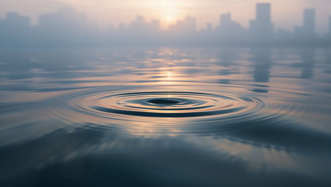 Calming Water Ripple at Urban Riverfront with Skyline Silhouette