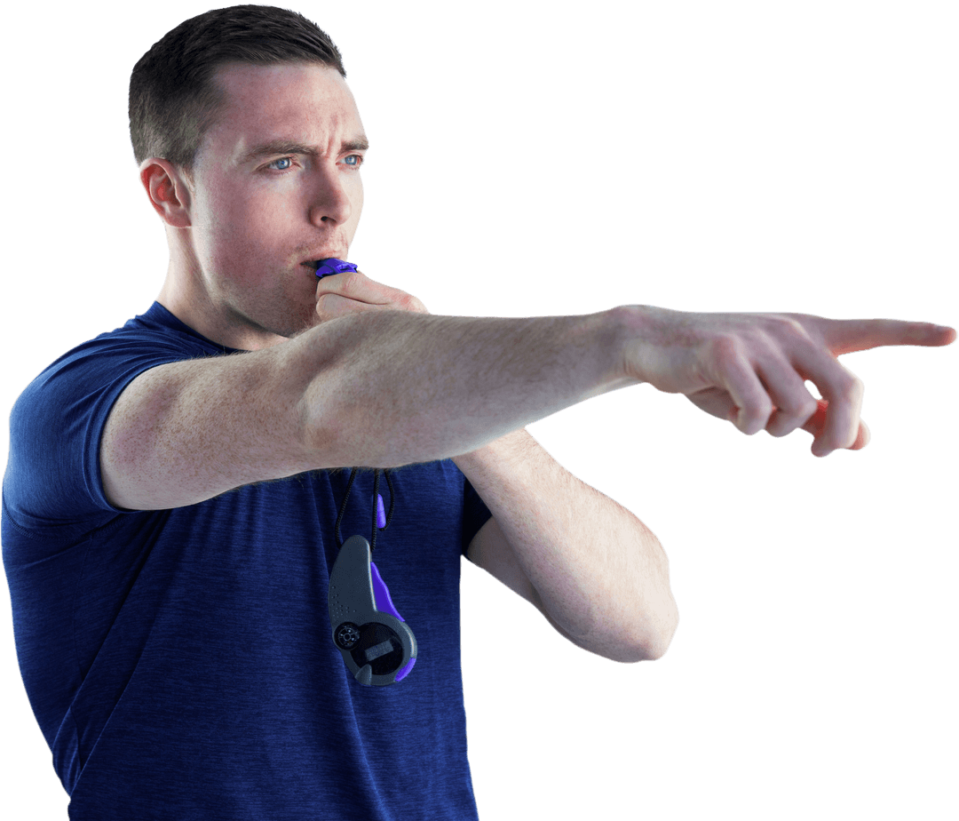 Focused Referee Blowing Whistle on Transparent Background