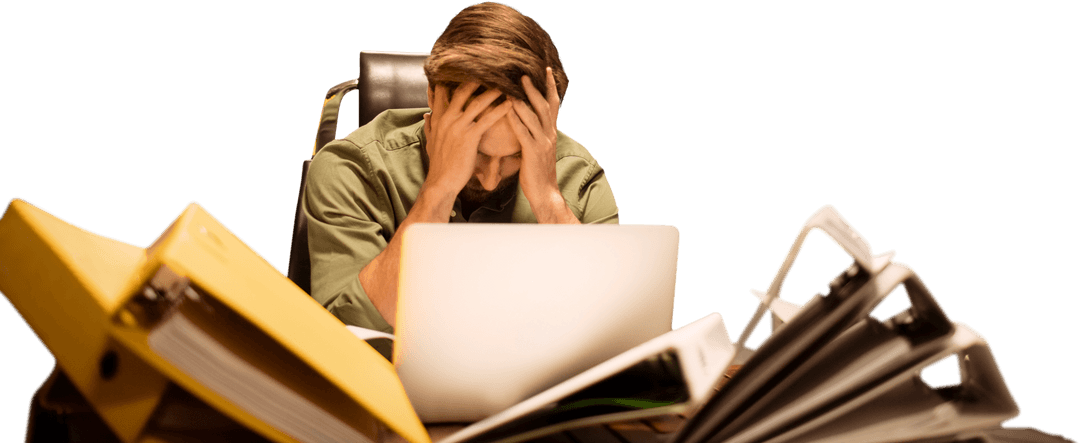 Stressed Businessman Overwhelmed with Office Work, Transparent Background