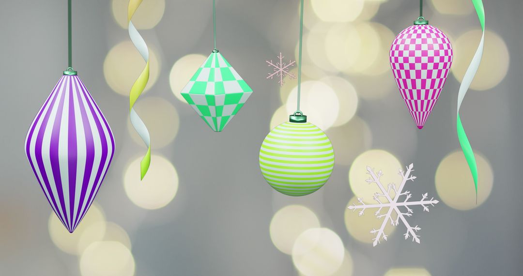 Festive Hanging Ornaments with Vibrant Streamers and Twinkling Lights