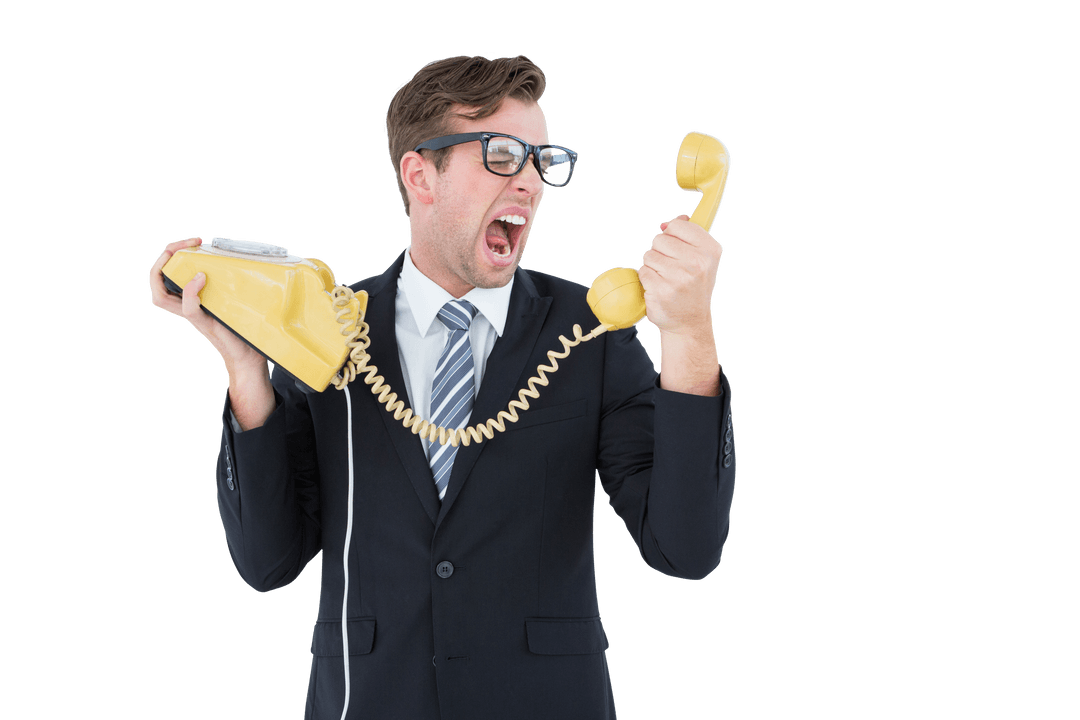 Businessman Shouting at Old Yellow Telephone on Transparent Background