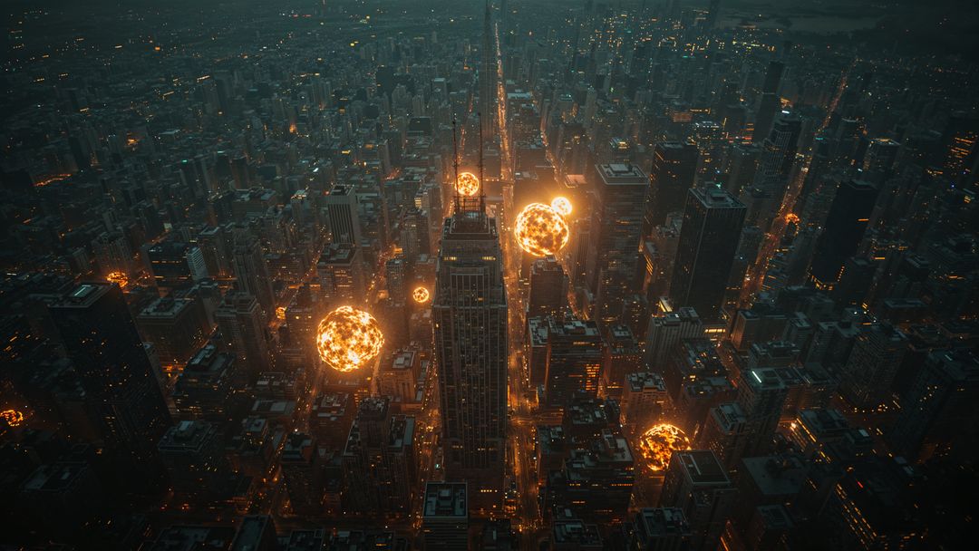 Futuristic glowing orbs above airstrikes cityscape at dusk