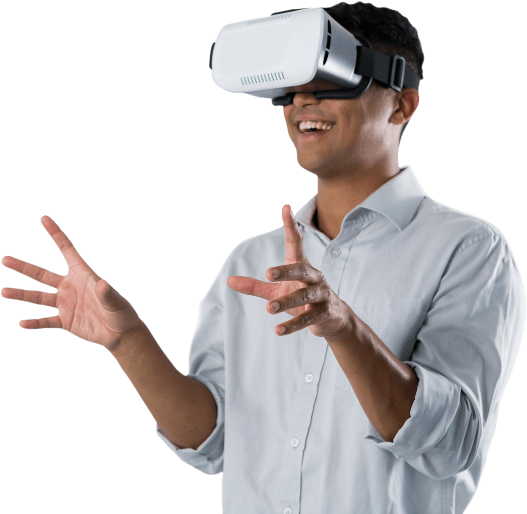 Transparent Man Using Virtual Reality Headset Interacting Excitedly