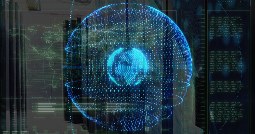 Rotating Blue Digital Globe Emitting Data Streams above Server Racks with Futuristic HUD