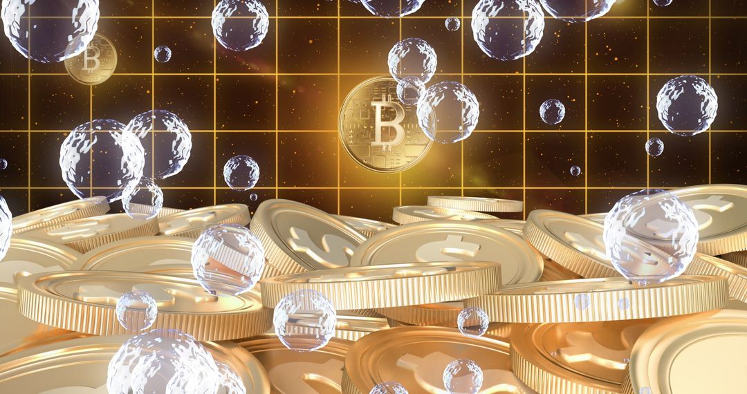 Floating Bubbles Over Bitcoins on Abstract Digital Grid