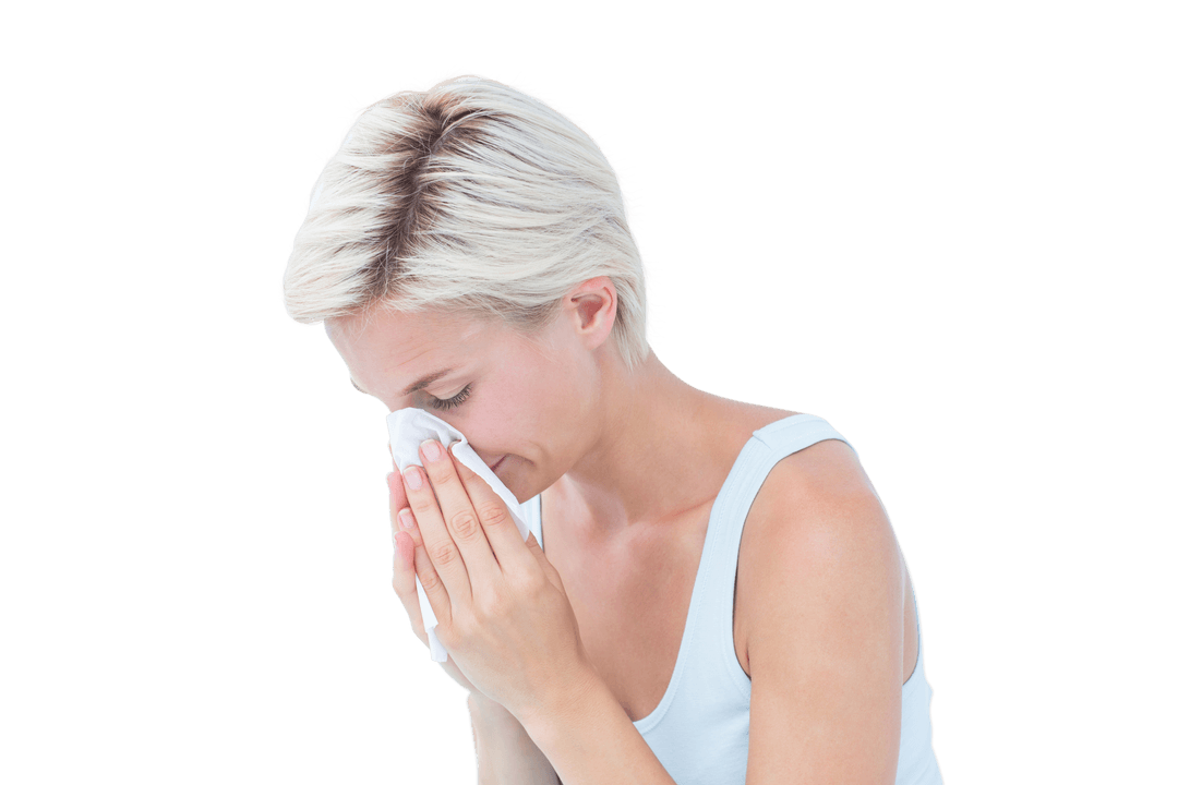 Sick Woman with Cold Blowing Nose on Transparent Background