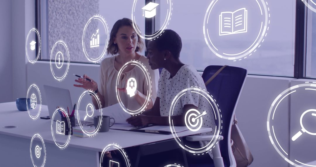 Digital Business Collaboration with Overlay Icons in Modern Office