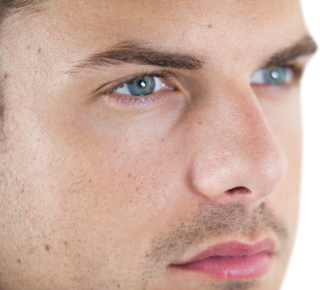 Transparent Close-Up of Man's Face with Blue Eyes and Thoughtful expression - Download Free Stock Images Pikwizard.com