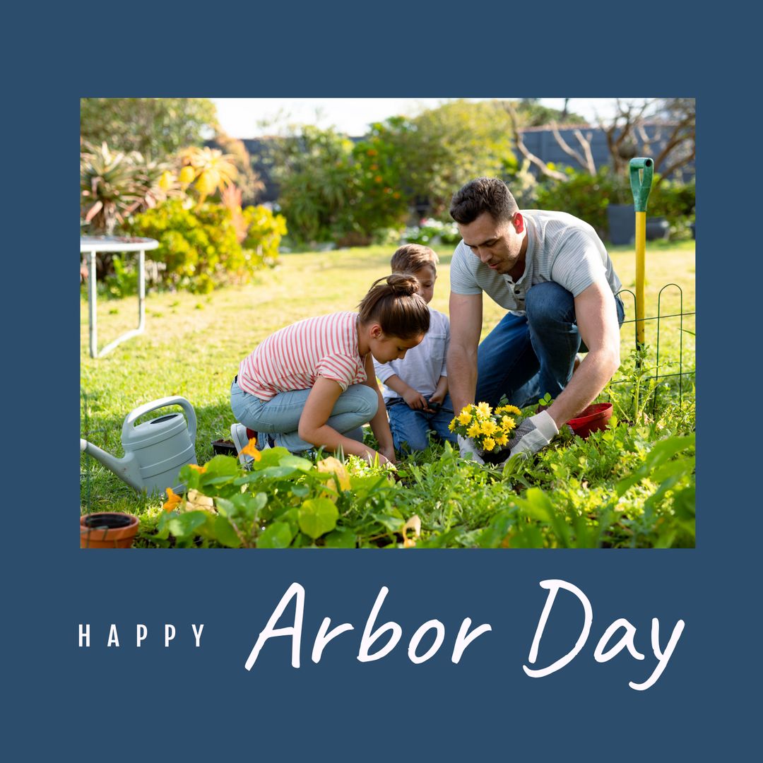 Father and Children Gardening on Arbor Day