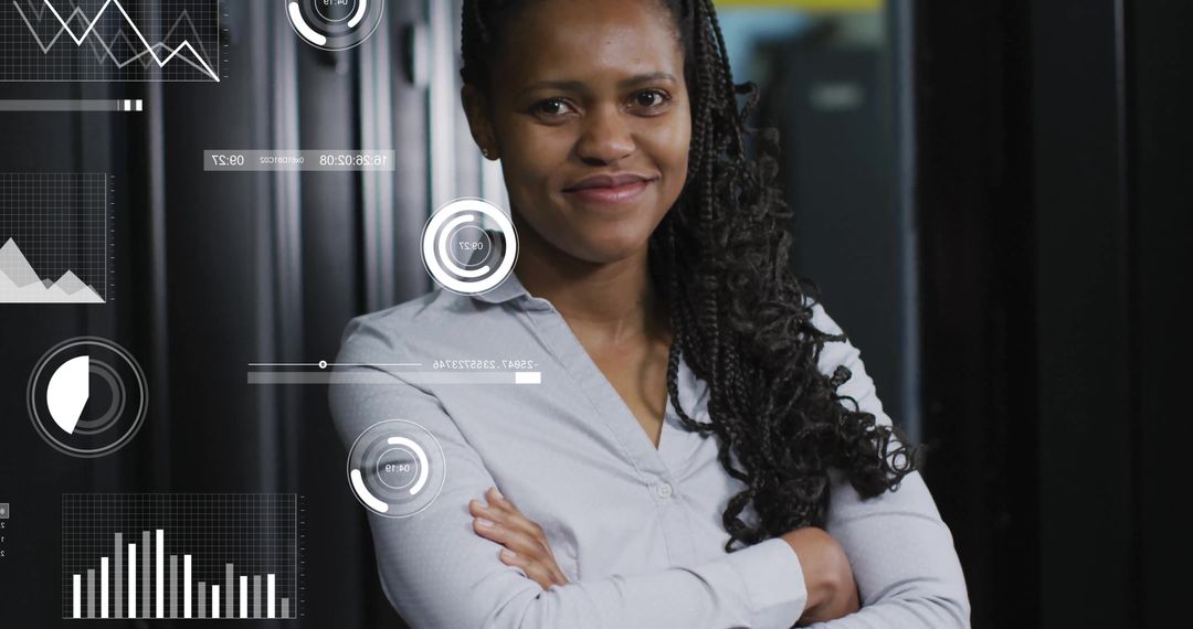 Confident Woman Engineer with Data Interface in Server Room