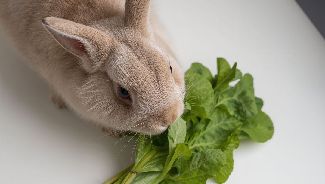 Light Tan Rabbit Nibbling Fresh Leafy Greens on White Tabletop