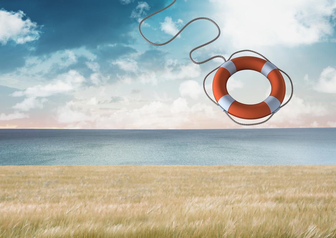 Lifebuoy Floating in Air Against Calm Ocean Background - Free Images, Stock Photos and Pictures on Pikwizard.com