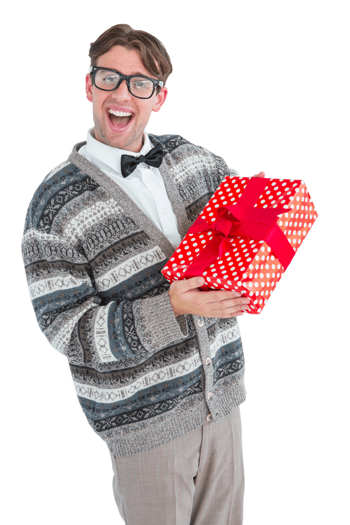 Transparent nerdy hipster in patterned sweater holding gift box smiling